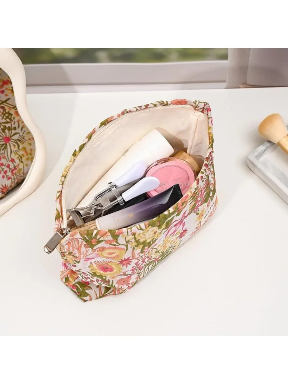 Large Floral Embroidery Makeup Bag | Vintage Cosmetic Pouch for Travel & Daily